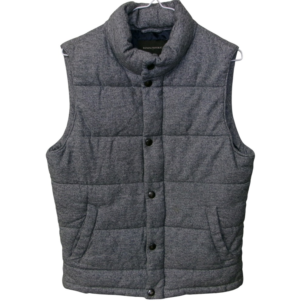 Banana Republic Men's Puffer Vest Gray Heathered Quilted Mock Neck Small